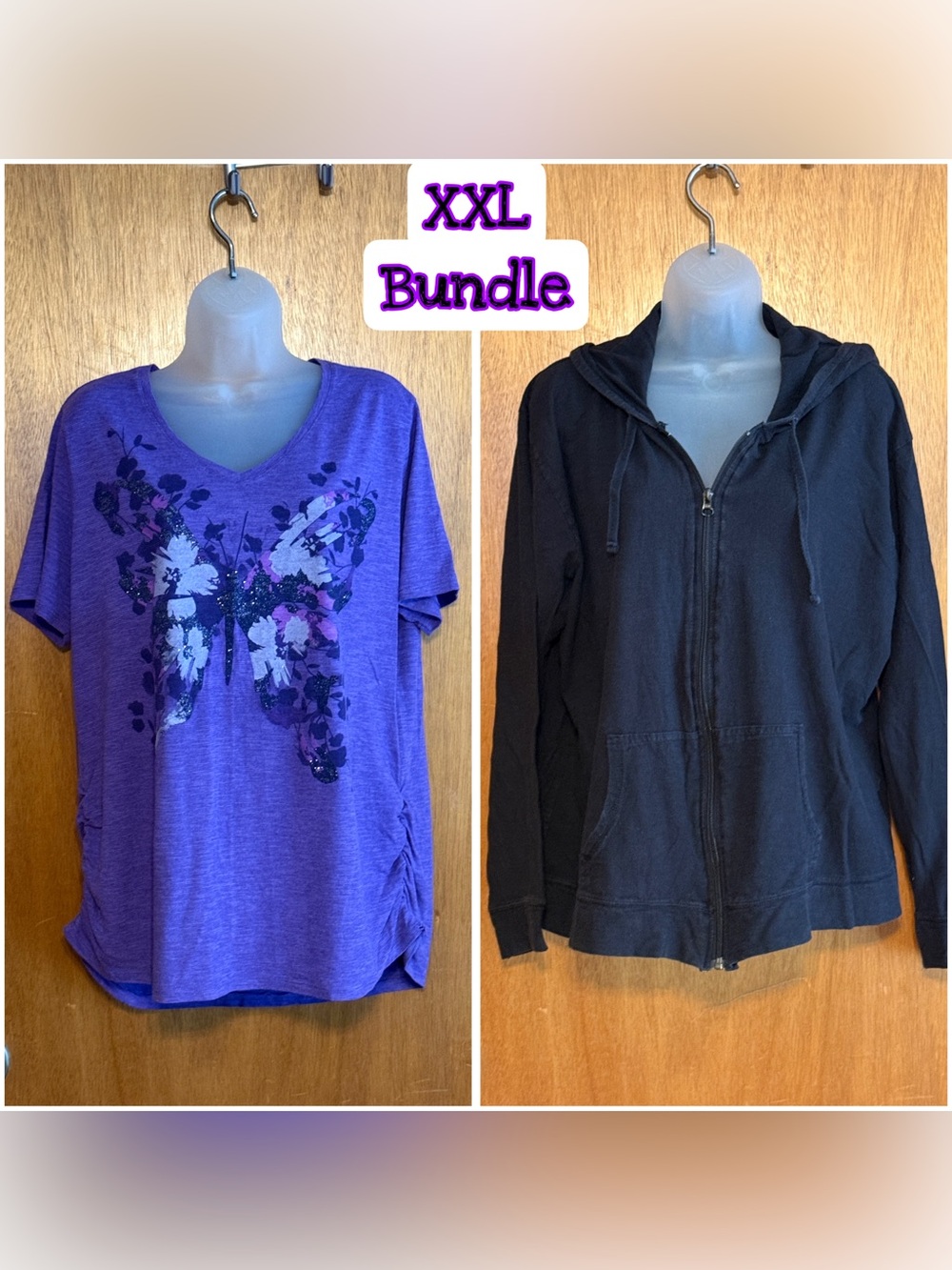 Women’s XXL Tops Bundle V-Vneck Butterfly Tee & Black Lightweight Zip Up Hoodie